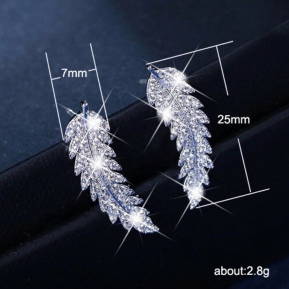 Jewelry - 925 Silver Feather White Sapphire Stud Earrings, NICE EARRINGS, CUTE EARRINGS